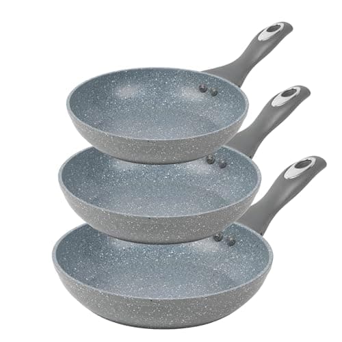 Image of Salter COMBO-6441 3 Piece Non-Stick Frying Pan Set, 20/24/28cm, Bakelite Handle, Marble Collection, Induction Hob Suitable, Dishwasher Safe, PFOA Free, Use Little or No Oil, Forged Aluminium, Grey