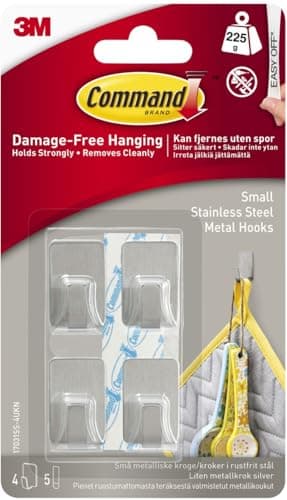 Image of Command Small Stainless Steel Metal Hooks - 4 Hooks, 5 Adhesive Strips - Damage Free Hanging for Wall and Door