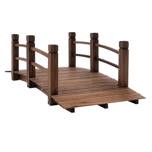 Image of Outsunny 1.5M Wooden Garden Bridge Lawn Décor Stained Finish Arc Outdoor Pond Walkway w/Railings Water Yard Decoration