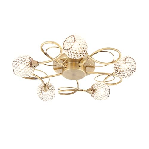 Image of National Lighting Elegant 5 Way Antique Ceiling Light – Curved Arm Semi Flush Living Room Light - Mesh and Beads Glass Globe Shade – IP20 Indoor Ceiling Lighting Lounge Bedroom Dining Room Hallway