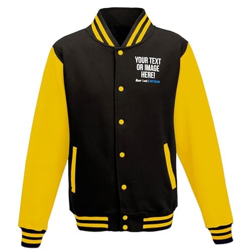 Image of Purple Print House Custom Varsity Jacket Personalised Letterman Retro Style Sportswear Fashion Top with Any Text Image Logo or Team Badge, M, Black/Yellow