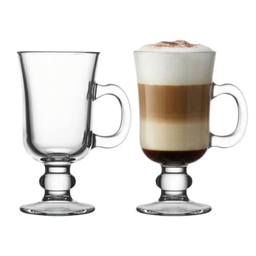 Image of UNIQUE HOME LIVING Irish Coffee Glasses, Set of 2 Latte Glasses, 200ml Coffee Mugs with Handle, Footed Design for Ice Cream Latte Cappuccino Hot Drinks Chocolate Espresso Cocktails