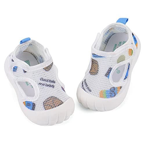 Image of LACOFIA Unisex Baby First Walking Shoes Infant Toddler Anti-Slip Breathable Mesh Trainers White/Blue 4.5