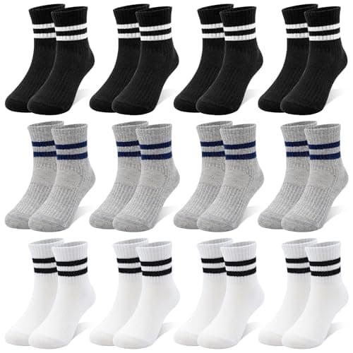 Image of TRAMLE Kids Boys Socks, 12 Pairs Athletic White Black School Breathable Junior Cotton Socks for Toddler Teenage Sports Running Walking 9-12 Years