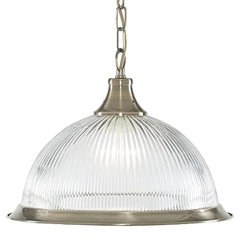 Image of Britalia Antique Brass & Clear Ribbed Glass Dome Vintage Pendant Ceiling Light | 34cm Diameter | 1 x E27 ES Lamp Bulb Required (Not Included) | American Diner Retro Design