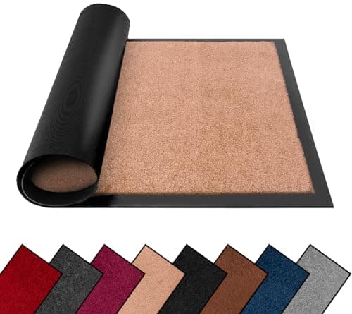 Image of FB FunkyBuys Washable Dirt Trapper Door Mats Indoor & Outdoor, Heavy Duty Non Slip Doormats, Rubber Backed Floor Mat, Super Absorbent Front Door Mat, Entrance Rug (Beige-Plain, 40cm x 60cm)