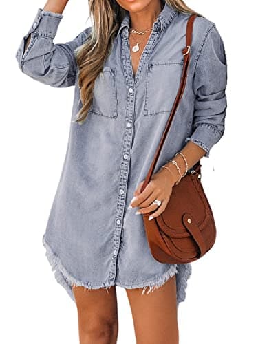 Image of CUPSHE Women Denim Shirt Mini Tunic Dress Casual Oversized Autumn Long Sleeve Frayed Hem Tops Blouse with Pockets Light Blue S