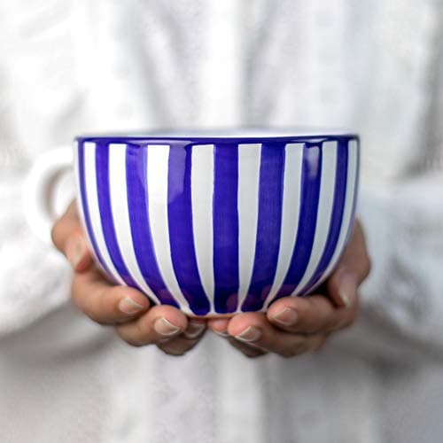 Image of City to Cottage® Navy Blue Striped | Designer Handmade Hand Painted | Unique Ceramic Extra Large 17.5oz/500ml | Cappuccino Coffee Tea Soup Mugs Cups with Handle | Gift