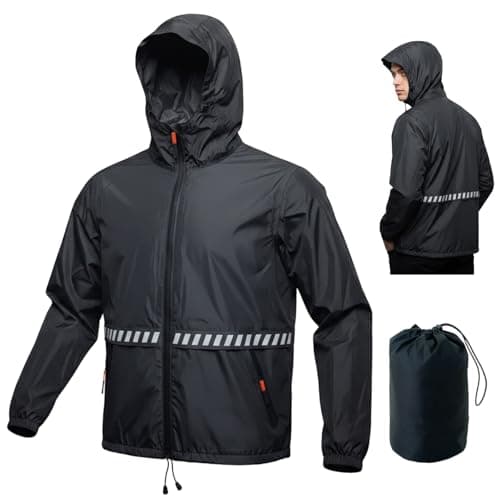 Image of RJVZVEJH Mens Rain Waterproof Jackets with Hood, Lightweight Packable Raincoat with Reflective Strip, Water Proof Rainy Windbreaker Clothes for Outdoor Cycling Golf Hiking Travel