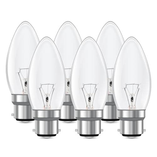 Image of 6 Pack B22 Bayonet Clear Candle Light Bulb, Dimmable C35 Candle Bulb, Bayonet Light Bulb, Warm White 2700K, 600 Lumen, AC 220-240V, BC Candle Bulb, for Chandeliers, Desk Lamp, Ceiling Fixture