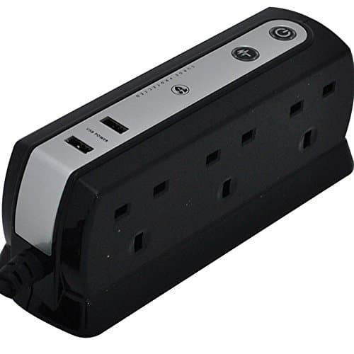 Image of Masterplug SRGDU61PB2 2.1 A 1 m 6 Gang 2 x USB Compact Surge Extension Lead - Black