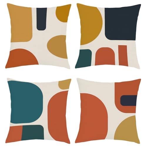 Image of Joymaison Boho Abstract Geometric Cushion Covers 45 x 45 Pack of 4 Orange Mid Century Modern Retro Square Throw Pillow Case Decorative Sofa Cushion with Invisible Zipper
