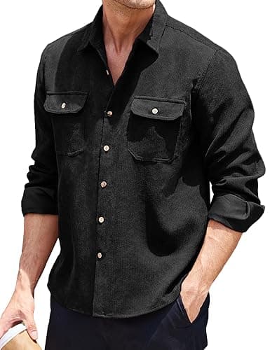 Image of COOFANDY C Mens Button Down Shirts Corduroy Casual Regular Fit Long Sleeve Shirt Jacket with Chest Pocket Black XL
