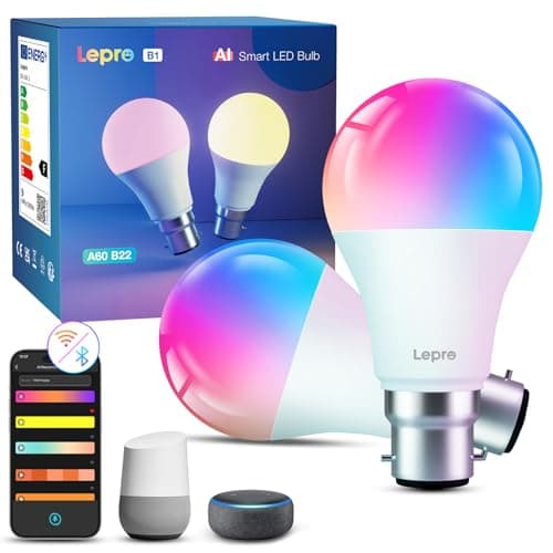 Image of Lepro AI Smart Bulb B22, Music Sync Bayonet WiFi Bulb, Colors Changing Light Bulb Works with Alexa & Google Assistant, 806lm, Voice Control, Personalized AI Lighting Designer, 2 Packs