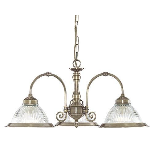 Image of Searchlight American Diner Antique Brass and Clear Ribbed Glass 3 Way Pendant Light Fitting Takes 3 X 10 Watt E27 Lamps