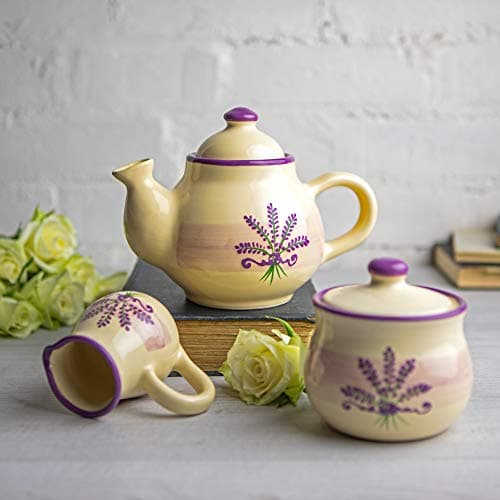 Image of City to Cottage® Lavender Pattern Purple and Cream Handmade Ceramic Teapot, Milk Jug, Sugar Bowl Set
