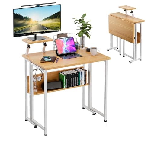Image of Wood Small Folding Computer Table with Monitor Stand, Movable Laptop Notebook PC Desk with Wheels for Home Office Bedroom Writing Study, White Frame and Wood Color Top, Simple Assembly, 80x58x75 cm