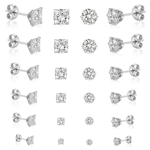 Image of 12 Pairs Silver Stud Earrings for Women Men, Hypoallergenic Earrings, Silver Surgical Steel Cubic Zirconia Ear Studs Set, Round & Square Earrings for Men Women, Size 3/4/5/6/7/8mm