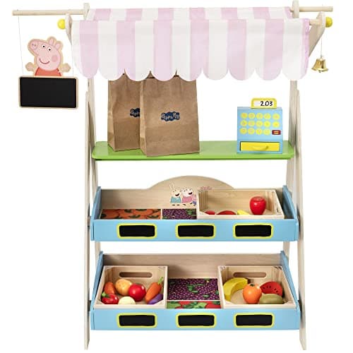 Image of HTI Peppa Pig Wooden Market Shop | Pretend Shop with Pretend Food, Pretend Shop Stand, Cash Register, Play Money & Shopping Bags | Peppa Pig Childrens Groceries Shop Toy Role Play | Ages 3+