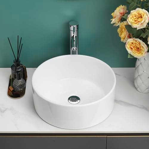 Image of BELOFAY Modern Bathroom Basin Sink, Counter Top White Cloakroom Ceramic Basin for Bathroom, Vanity Cabinet, and Toilet (Round Without Over-Flow)
