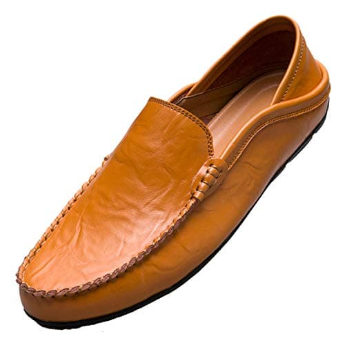 Image of Unitysow Loafers Mens Leather Penny Shoes Fashion Slip On Driving Shoes Casual Flat Moccasin,Yellow,7 UK