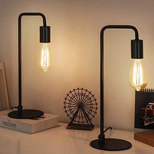 Image of HAITRAL Vintage Industrial Bedside Lamps Set of 2 - Metal Desk Lamp with Circular Base, Nightstand Lighting for Bedroom, Office, Living Room - Black Retro Edison Style Table Lamp