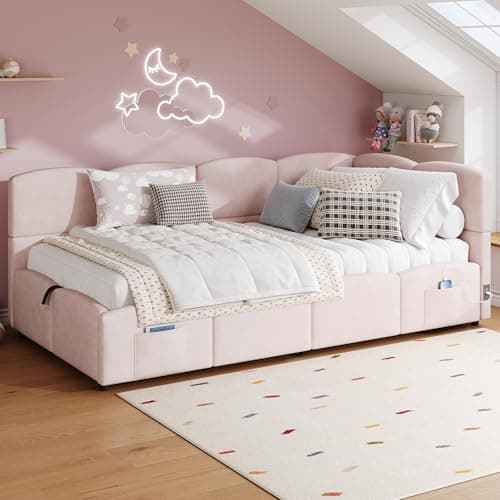 Image of Merax Upholstered Sofa Bed 3FT Single Daybed 90x190 cm, Velvet Fabric Children's Bed with Hydraulic Storage & USB Charging, Slatted Frame & Side Pockets(NO Mattress, Pink)
