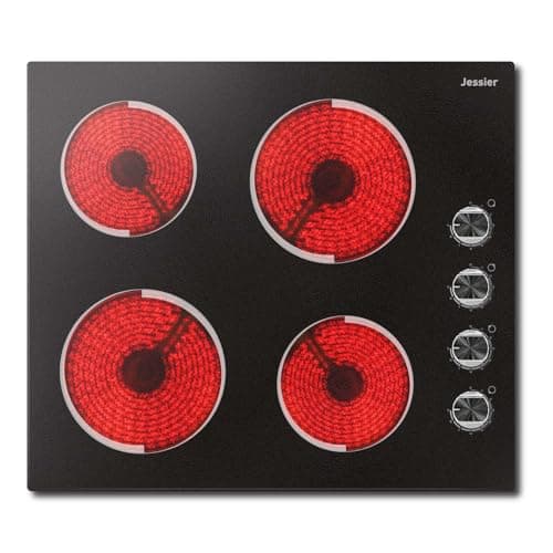 Image of Electric Hob 4 Burners Built in 4 Zones Ceramic Hob with Knob, 220V-240V Hardwired 6000W Ceramic Cooktop 60cm con 9 Power Levels, Pause Control, Timer, Child Lock, No Plug