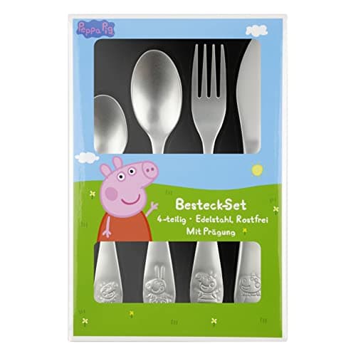 Image of Peppa Pig Children's Cutlery Set, 4 Piece Cutlery Set with Knife, Fork, Soup Spoon and Dessert Spoon, Embossed Stainless Steel Cutlery