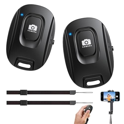 Image of 2 Pack Wireless Camera Remote Shutter, Bluetooth Photos Videos Long Lasting Selfie Button Clicker Release Compatible with IOS and Android Smartphones Devices Wrist Strap battery Included (Black)