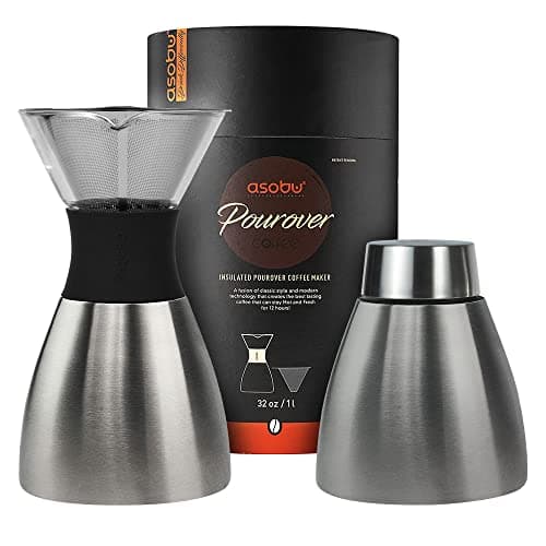 Image of asobu Insulated Pour Over Coffee Maker with Glass Carafe – Silver and Black – Stainless Steel – 900 ml