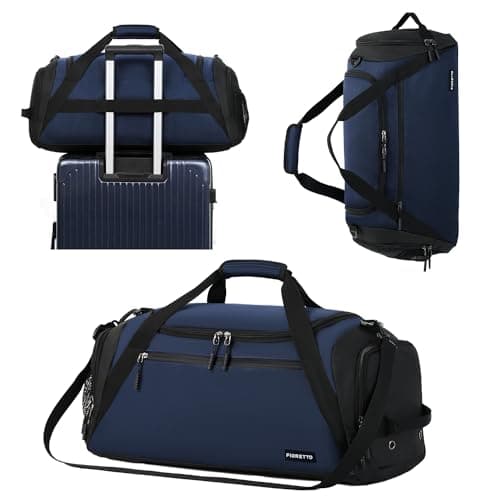 Image of FIORETTO 45L Mens Sports Gym Bag with Wet Pocket & Shoe Compartment, Travel Duffle Bag Overnight Bag with Padded Shoulder Strap, Water-Resistant Holdall for Swimming, Basketball, Football Navy