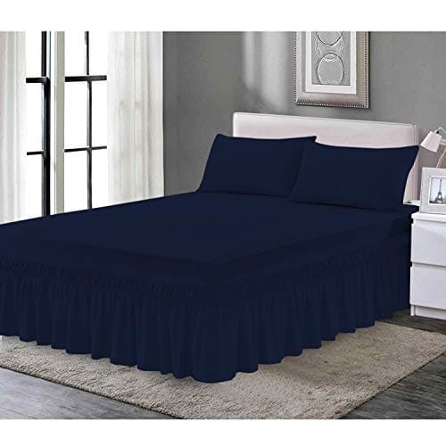 Image of Extra Deep Frilled Valance Fitted Sheet King Size Bed, Plain Dyed Polycotton Valance King Size Navy 150 X 198 + 25 cm + Frill 40 cm