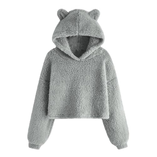 Image of Flodxo Teenage Girls Hoodies Teddy Fleece Sweatshirts Casual Double Fuzzy Fluffy Jumper Solid Warm Stylish Pullover Soft Cozy Plush Long Sleeve Tops & Shirts for Kids 7-12 Years Grey