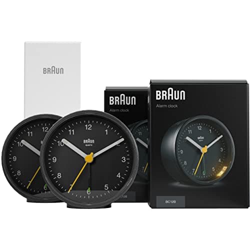 Image of Braun Classic Analogue Alarm Clock with Snooze and Light, Quiet Quartz Movement, Crescendo Beep Alarm in Black, model BC12B (2Pack)
