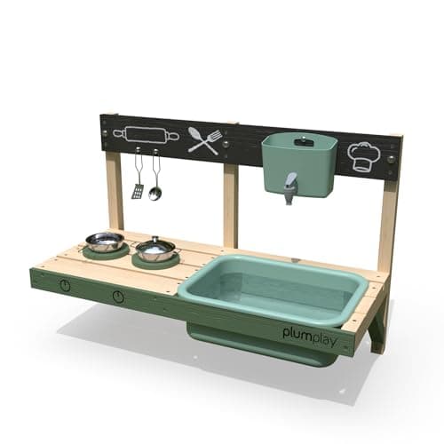 Image of Plum Play Splash and Mash Discovery Mud Kitchen with Water Tap and Sink- Cooking Utensils - Hob and Pan - Outdoor Garden Roleplay Kitchen to attach to Playhouses, Fences or Walls (Extra Large)