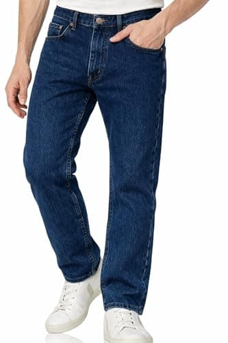 Image of Mens Straight Leg Denim Jeans, Comfortable Hard Wearing Jean, Stylish & Classic Plain Fashion Trousers for Men Regular Fit Cotton Denim Pants, Dark Blue-30W / 31L