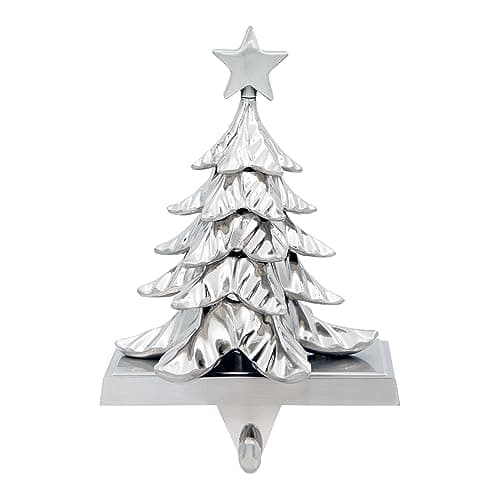 Image of The Christmas Workshop Stocking Holder/Antique Finish Hanger in Silver or Gold/Festive Decoration with Metal Hook and Weighted Base/Reindeer or Christmas Tree (Silver Christmas Tree)