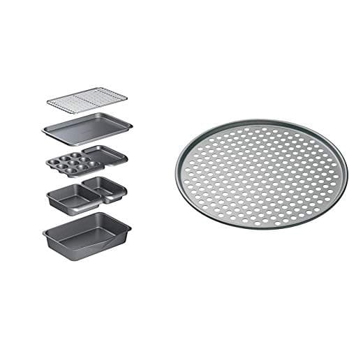 Image of MasterClass Smart Space Stacking Non-Stick Bakeware Set, 7 Piece Baking Trays, Gift Boxed & 32 cm Perforated Pizza Tray with PFOA Non Stick, Robust 1 mm Thick Carbon Steel