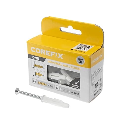 Image of Corefix ONE Universal Wall Plugs & Screws Pack of 8, Medium Duty (60kg in masonry) Wall Fixing Suitable For All Wall Types. Perfect For Mounting Shelves, Hanging Pictures And Securing Electrical Boxes