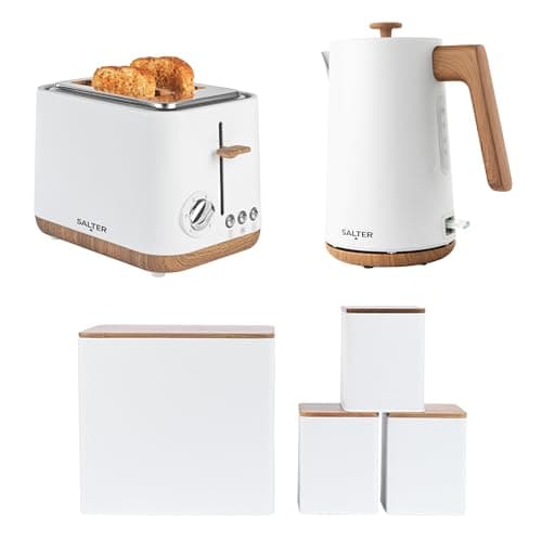 Image of Salter Toronto 3-Piece Kitchen Set – 1.7L 3KW Rapid Boil Kettle, 815W 2-Slice Toaster & 4pc Countertop Set with Bread, Tea, Coffee & Sugar Storage, Durable & Easy Clean, Matte White/Wooden Accents,