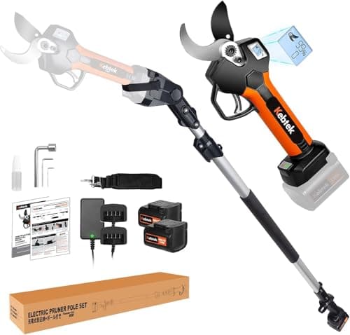 Image of Cordless Electric Secateurs 40MM with Pole, Kebtek Professional Pruning Shears Battery Powered 21V Brushless Motor 2Pack 2AH Rechargeable Lithium Battery-LCD Display Screen (KT940 Pruner+Pole Set)