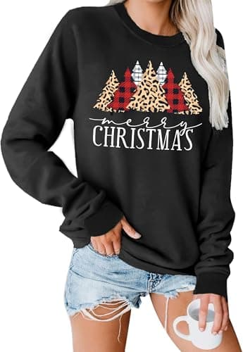 Image of hohololo Merry Christmas Sweatshirts Women Xmas Shirt Christmas Tree Graphics Long Sleeve Holiday Long Sleeve Pullover Top (Black-b,L)