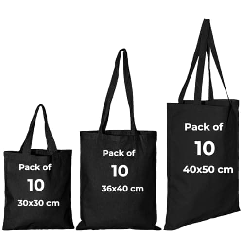 Image of IMFAA Pack of 10 Premium-Quality Long Lasting 100% Cotton Canvas Tote Reusable Shopping Bags Ideal for Printing and Embroidery (Black,Medium 40x36x60)
