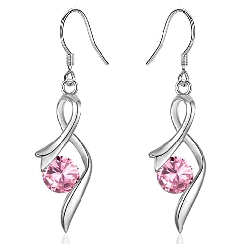 Image of Sterling Silver Drop Earrings for Women, Silver Dangle Earrings with Cubic Zirconia │Linear Forever Love Hypoallergenic Earring for Sensitive Ears│Birthday Anniversary Christmas Jewellery Gift Pink