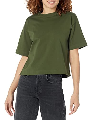 Image of Amazon Essentials Women's Organic Cotton Drop-Shoulder Relaxed Boxy Short-Sleeved T-Shirt (Available in Plus Size), Dark Olive, M