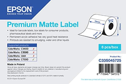 Image of Epson C33S045725 PREMIUM MATTE DIE-CUT 76MMX51MM 2310 LBLS - (POS & Barcode Solutions > Barcode & Label Devices)
