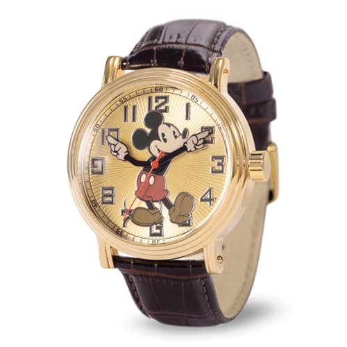 Image of Disney Mickey Watch - Watch for Men - Mickey Mouse Watches for Men Toys - 90s Mouse - Articulating Hands - Vintage - Silver Case - Black Leather Strap, Brown