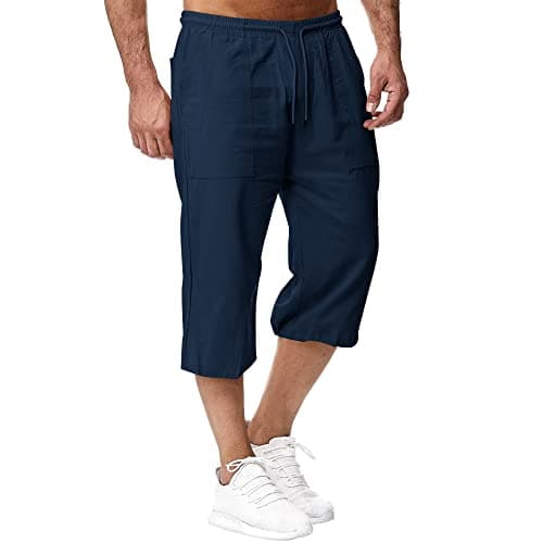 Image of Sprifloral Mens Linen Shorts 3/4 Length Pants Summer Trousers Beach Yoga Joggers Casual Sweatpants Navy M