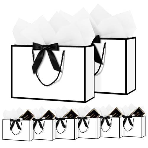 Image of NADSSJL 6 Pcs Medium Gift Bags for Present - Birthday Gift Bag with Wrappers and Cards, Party Bags with Handles for Weddings, Birthdays, Parties, Valentine's Day and Christmas (White)